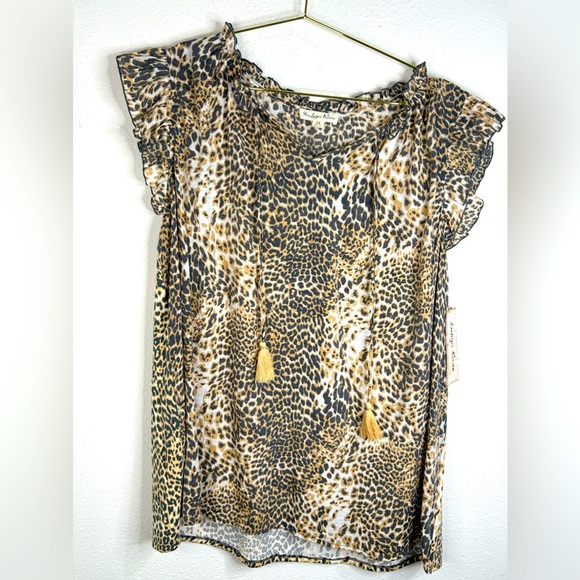 Indigo Rose Plus Size 2X Leopard Print Blouse Boho Tassel Tie Flutter Sleeve Top - Picture 3 of 6